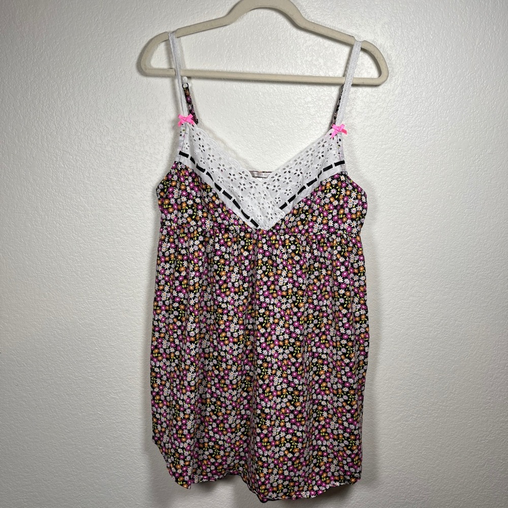 Victoria's Secret Fairy Y2k‎ Floral Eyelet Lace Babydoll Dress Blk/Pink Daisy L
